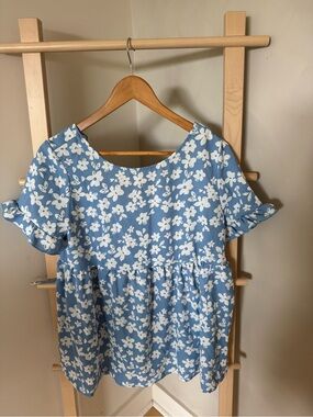Maternity Blue Floral Peplum Top with White Blooms